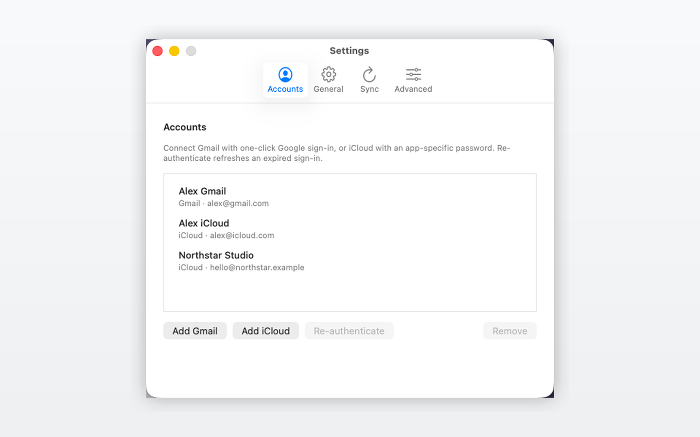 Accounts settings screenshot